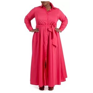 PARI PASSU‎ Pink Poplin Maxi Shirtdress C5/20 Belted Long Sleeve Workwear
